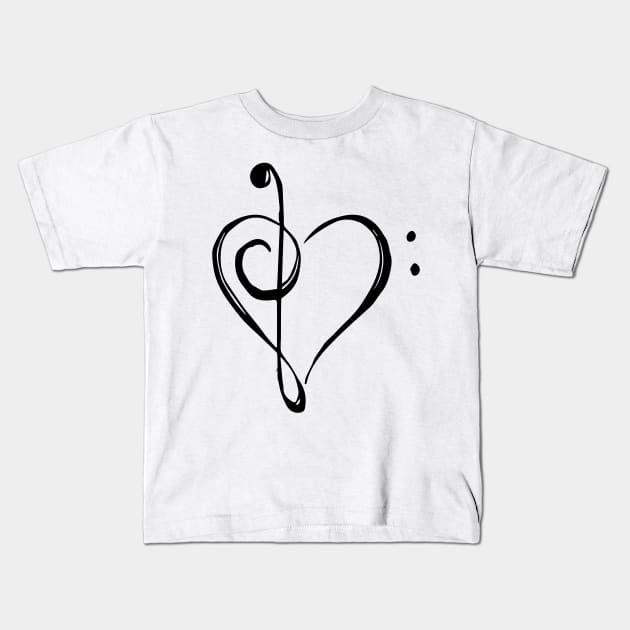 Love Music - Treble and Bass Clef Heart - black Kids T-Shirt by MeowOrNever